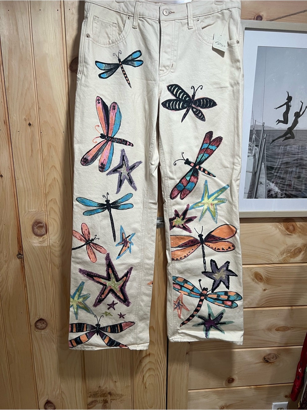 We The Free Cream Straight Leg Jeans with Colorful Dragonfly & Star Art